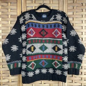 WOOLRICH Vintage 100% Pure Wool Diamond Tribal Thick Winter Crewneck Sweater